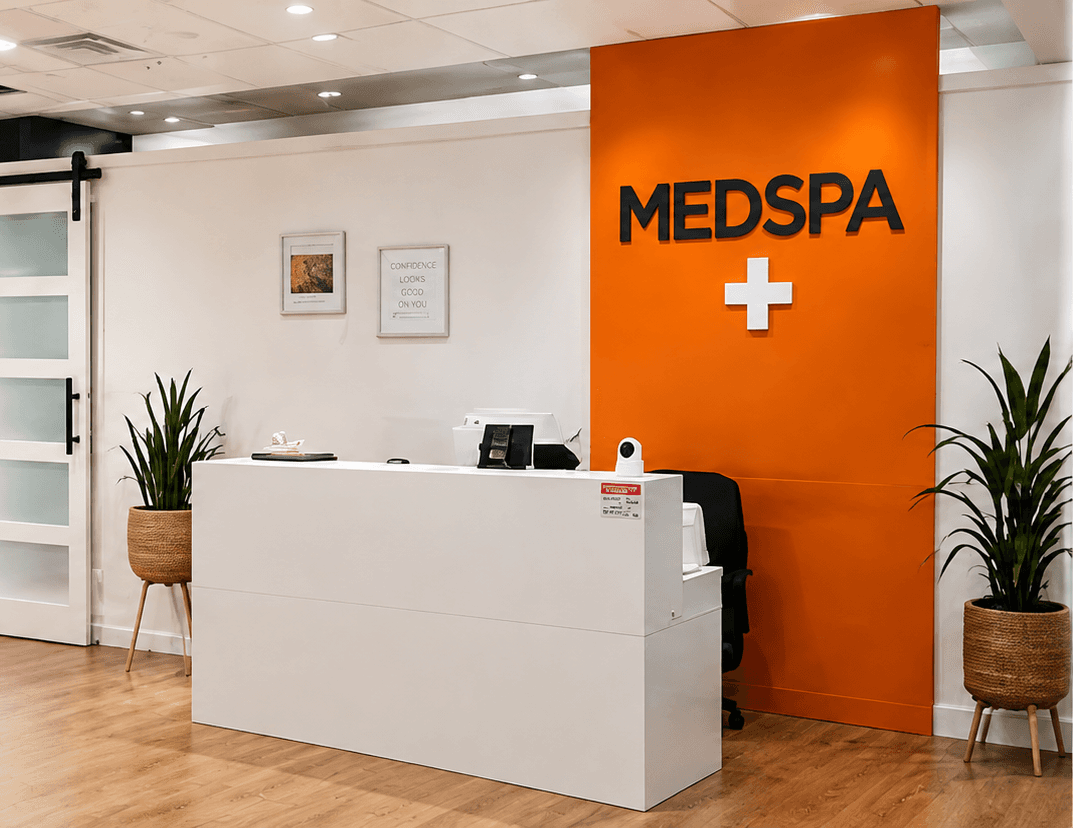 The MEDSPA reception area in Jacksonville, with a white reception desk and the orange MEDSPA feature wall